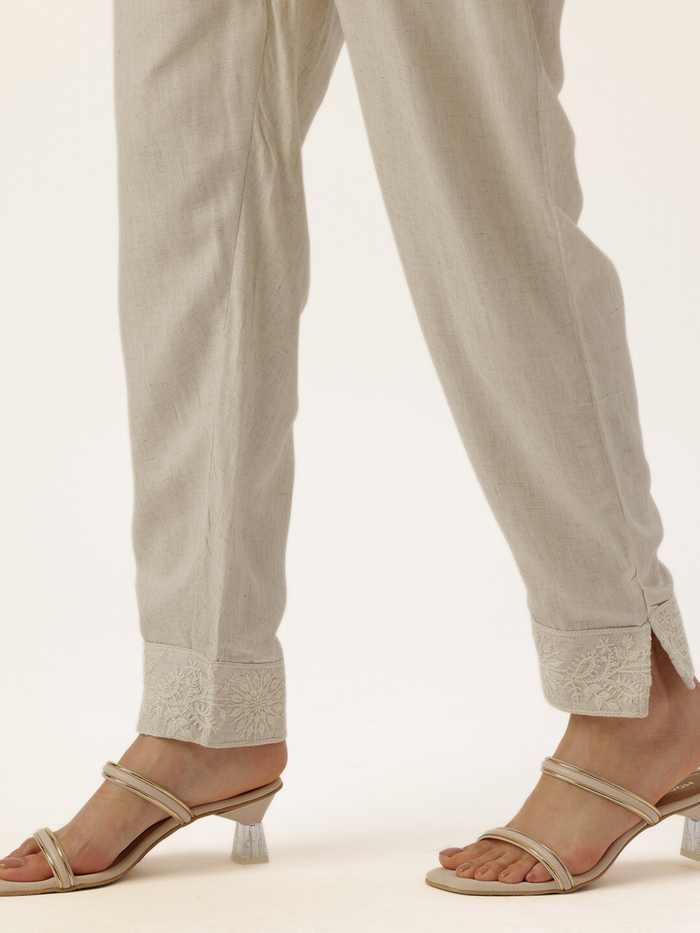 White Floral Embroidered Trousers
