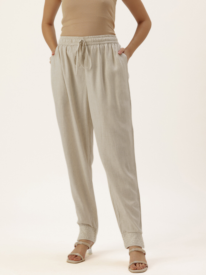 White Floral Embroidered Trousers