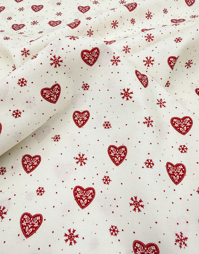 White Hearts & Snowflakes Scandinavian Christmas Cotton Fabric