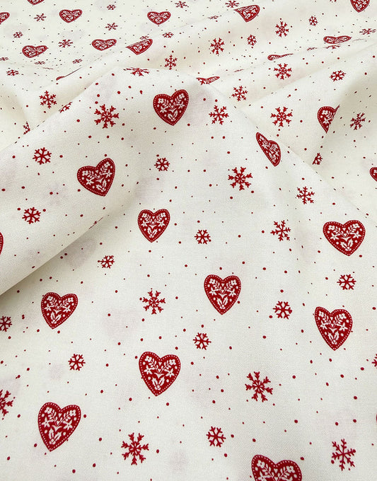 White Hearts & Snowflakes Scandinavian Christmas Cotton Fabric