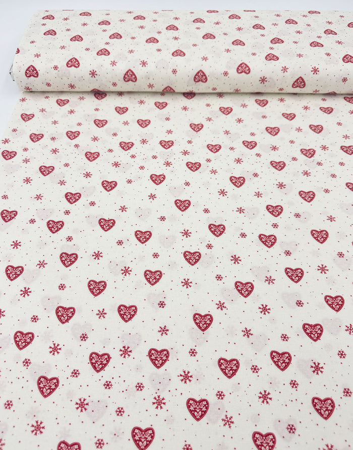 White Hearts & Snowflakes Scandinavian Christmas Cotton Fabric
