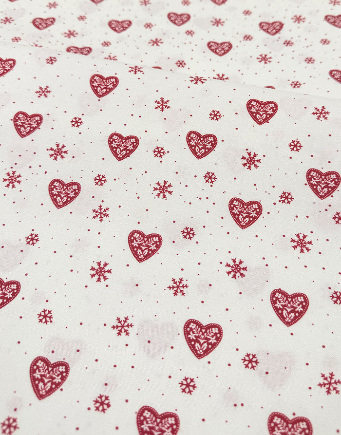 White Hearts & Snowflakes Scandinavian Christmas Cotton Fabric