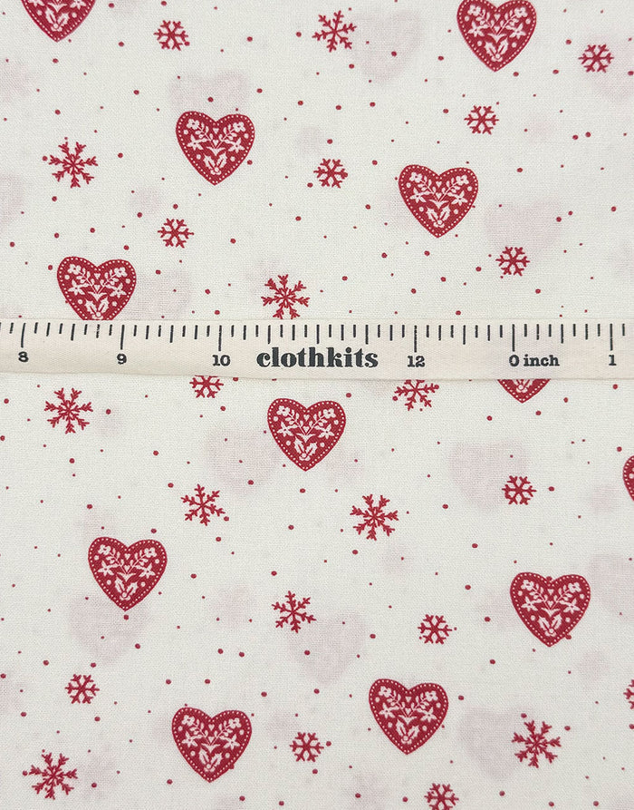White Hearts & Snowflakes Scandinavian Christmas Cotton Fabric