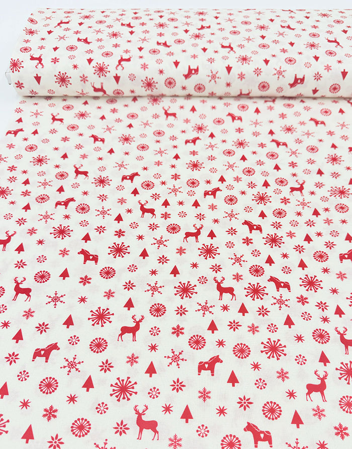 White Reindeer & Trees Scandinavian Christmas Cotton Fabric