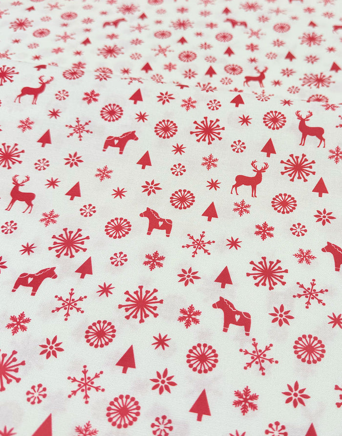 White Reindeer & Trees Scandinavian Christmas Cotton Fabric