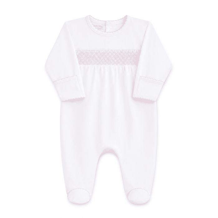 White Smocked Footie – Baby Girl Pima Cotton Coming Home Outfit