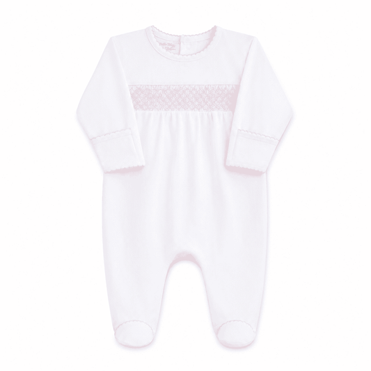 White Smocked Footie – Baby Girl Pima Cotton Coming Home Outfit