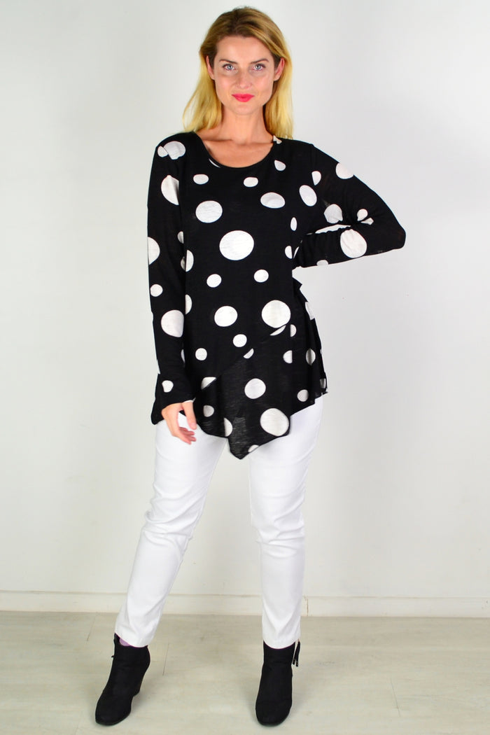 White spot crossover swing tunic top by Caroline Morgan, featuring a relaxed fit and stylish design, shown on a hanger.
