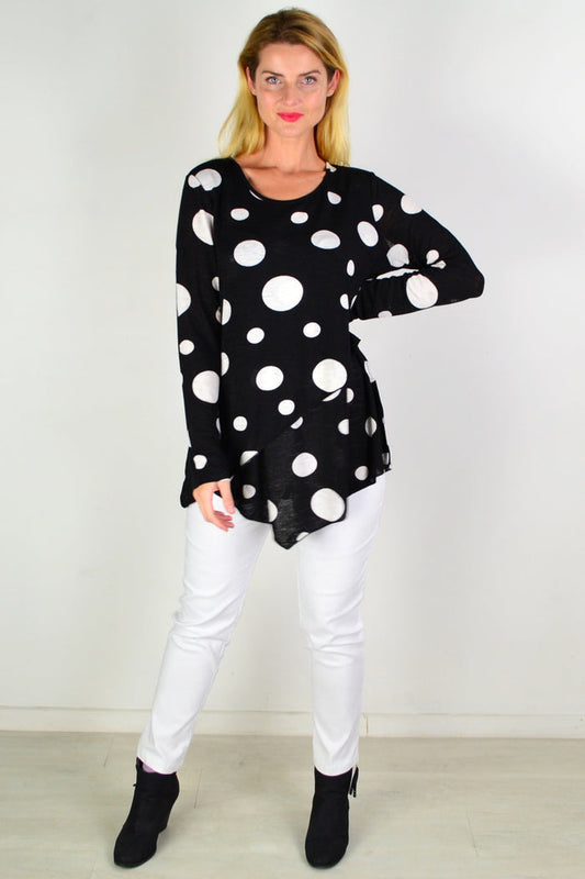 White spot crossover swing tunic top by Caroline Morgan, featuring a relaxed fit and stylish design, shown on a hanger.