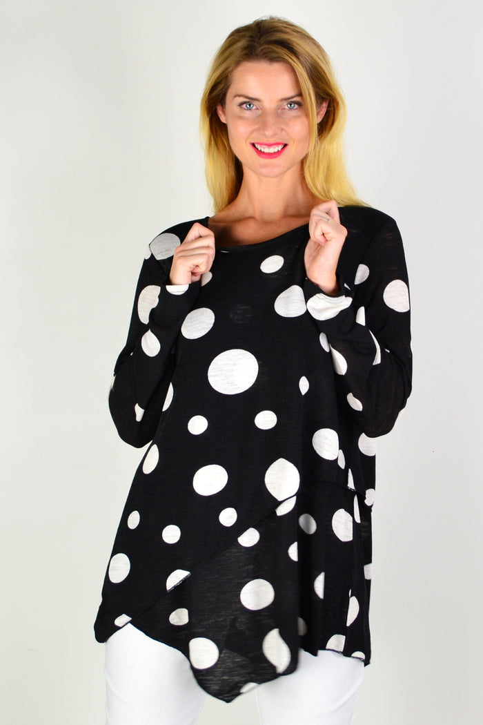 White Spot Cross Over Swing Tunic Top by Caroline Morgan, front view showing the relaxed fit and crossover design.