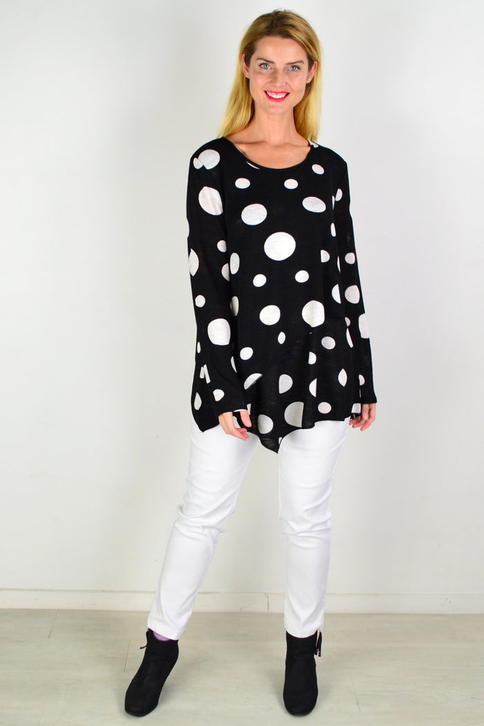 White spot cross-over swing tunic top by Caroline Morgan, lightweight fabric with a relaxed fit and stylish crossover neckline.