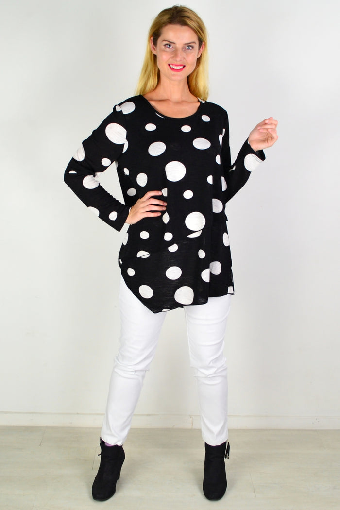 White spot cross-over swing tunic top by Caroline Morgan, featuring a relaxed fit and stylish crossover design.