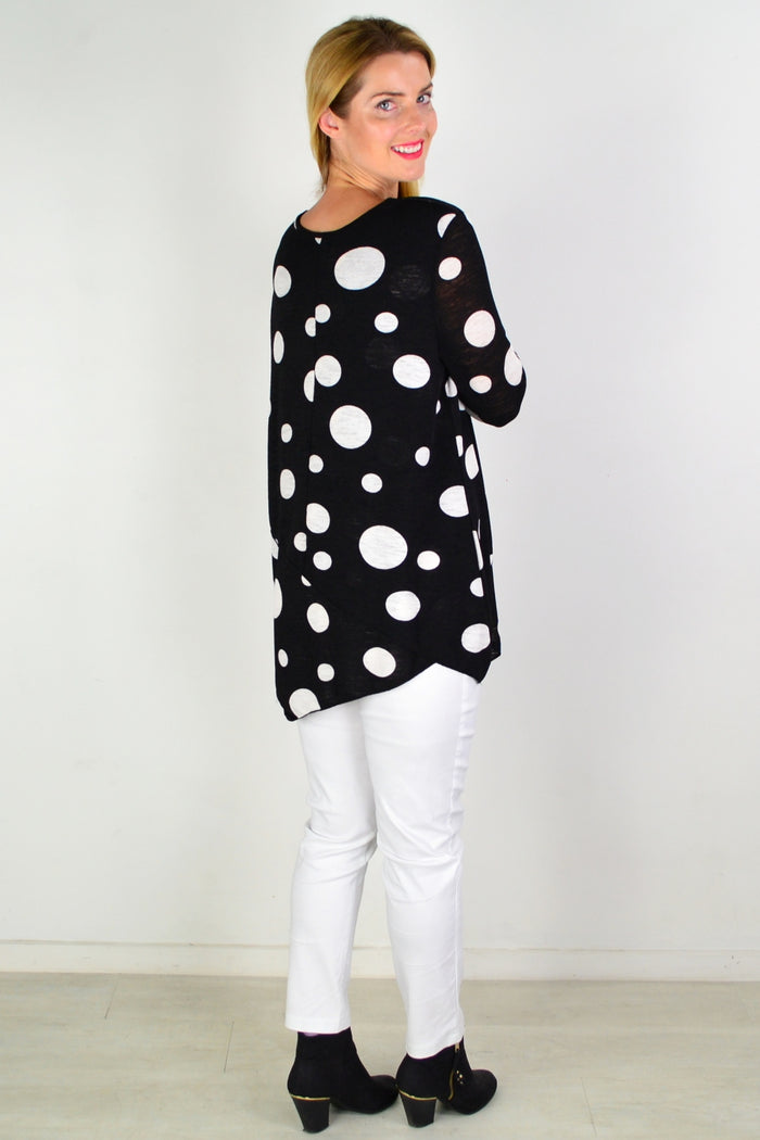 White spot cross over swing tunic top by Caroline Morgan, featuring a relaxed fit and stylish design, shown on a model.