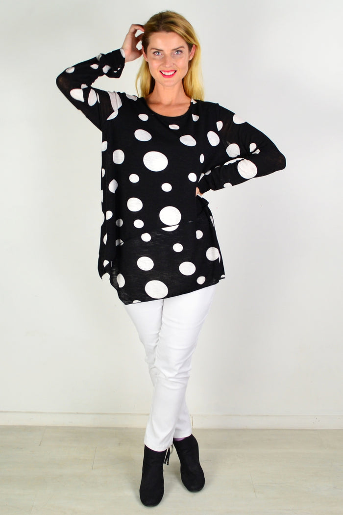 White spot cross-over swing tunic top by Caroline Morgan, showcasing the relaxed fit and stylish crossover neckline.