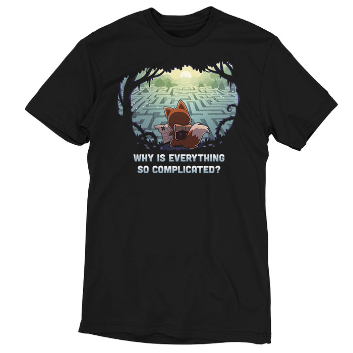 Premium Cotton T-shirt_TeeTurtle black Why Is Everything So Complicated? apparel featuring a fox with a backpack holding a map in a forest looking over at a large maze below.