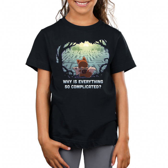 Premium Cotton T-shirt_TeeTurtle black Why Is Everything So Complicated? apparel featuring a fox with a backpack holding a map in a forest looking over at a large maze below.