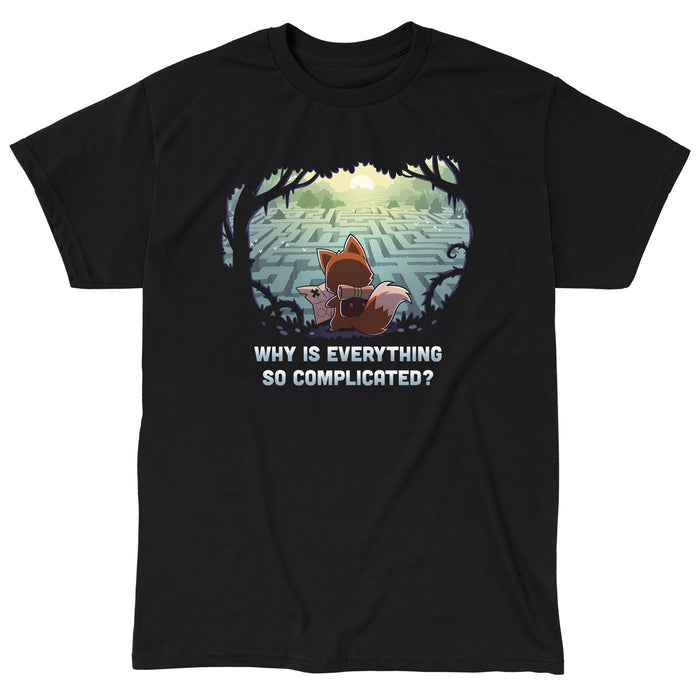 Classic Cotton T-shirt_TeeTurtle black Why Is Everything So Complicated? apparel featuring a fox with a backpack holding a map in a forest looking over at a large maze below.