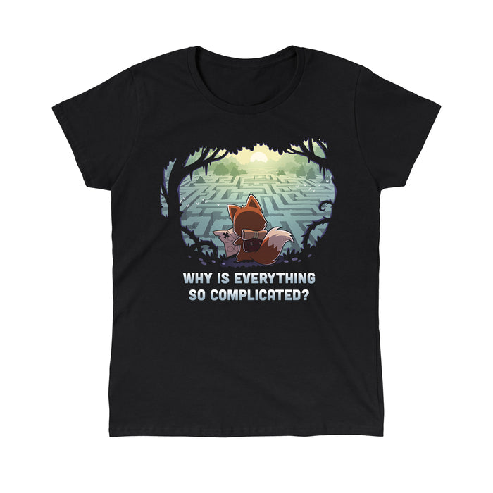Classic Cotton T-shirt_TeeTurtle black Why Is Everything So Complicated? apparel featuring a fox with a backpack holding a map in a forest looking over at a large maze below.