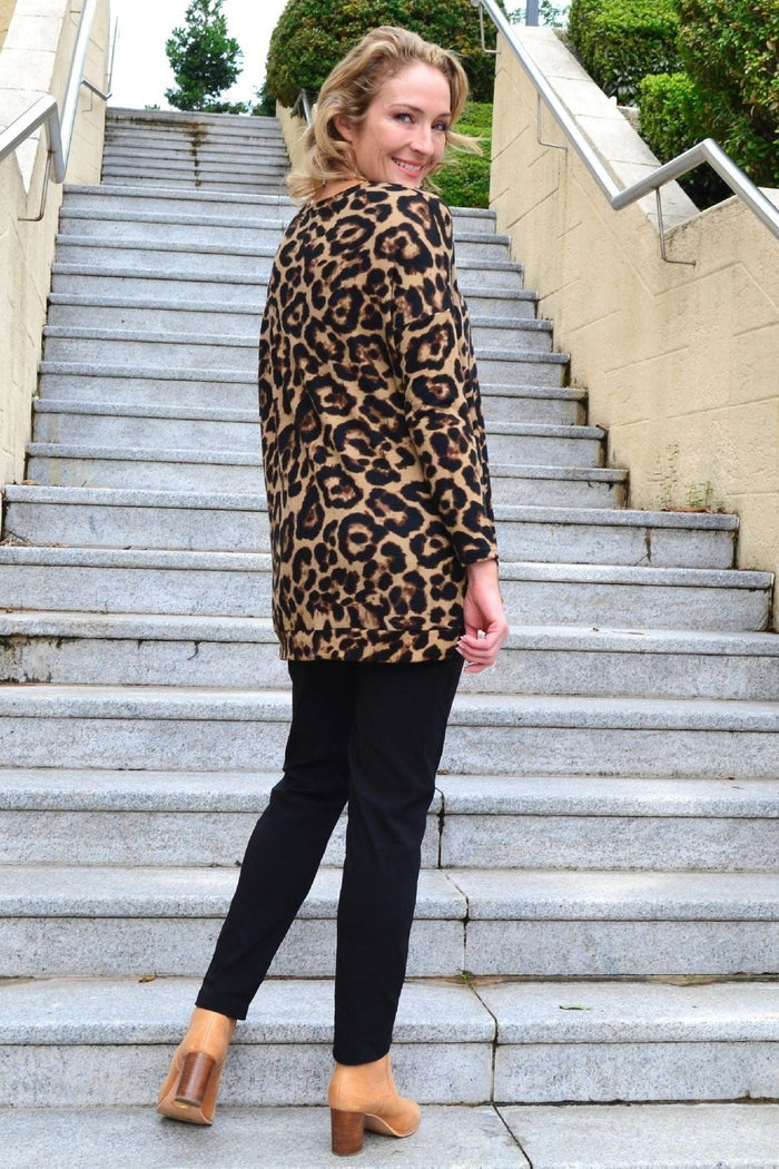 Caroline Morgan Wild Side drop shoulder fleece tunic top with relaxed fit and cozy fabric, styled casually on a model.
