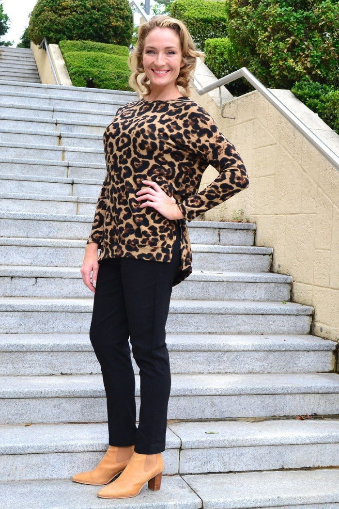 Caroline Morgan Wild Side drop shoulder fleece tunic top, cozy long sleeve pullover with relaxed fit and drop shoulder design.