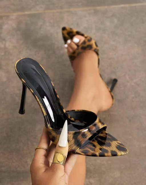 WIND Women's Leopard Print Stiletto Mules – Pointed-Toe Slip-On Party Heels
