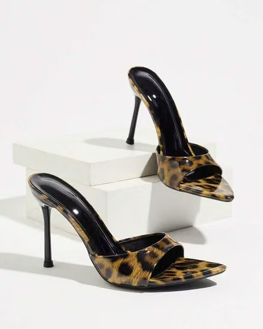 WIND Women's Leopard Print Stiletto Mules – Pointed-Toe Slip-On Party Heels