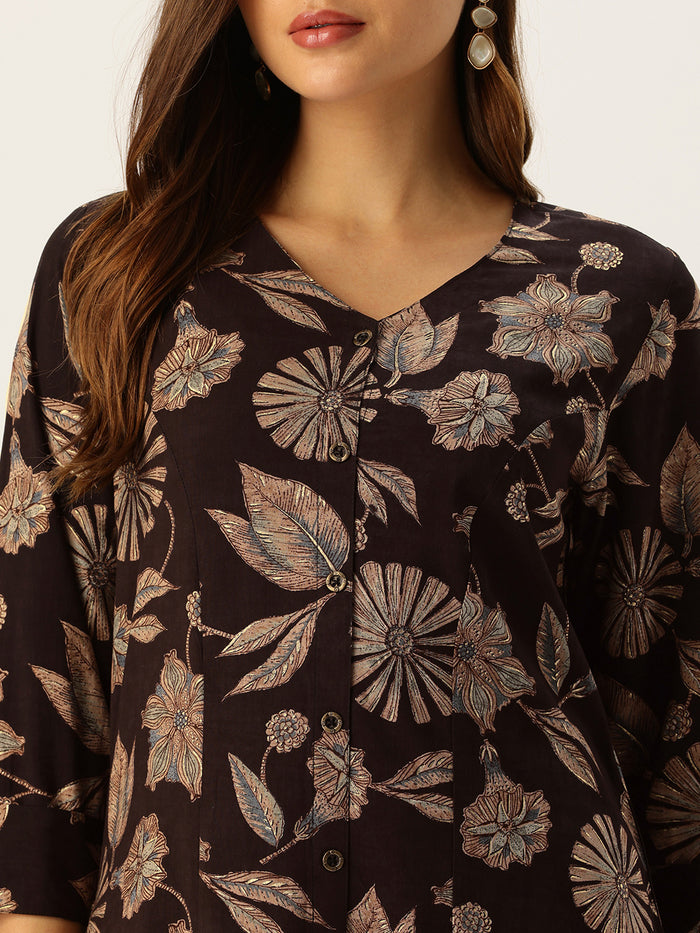 Wine & Beige V - Neck Floral Printed A - Line Kurta