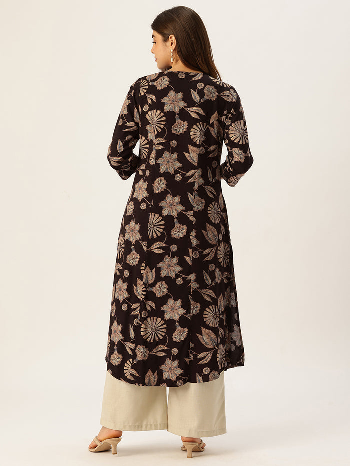 Wine & Beige V - Neck Floral Printed A - Line Kurta