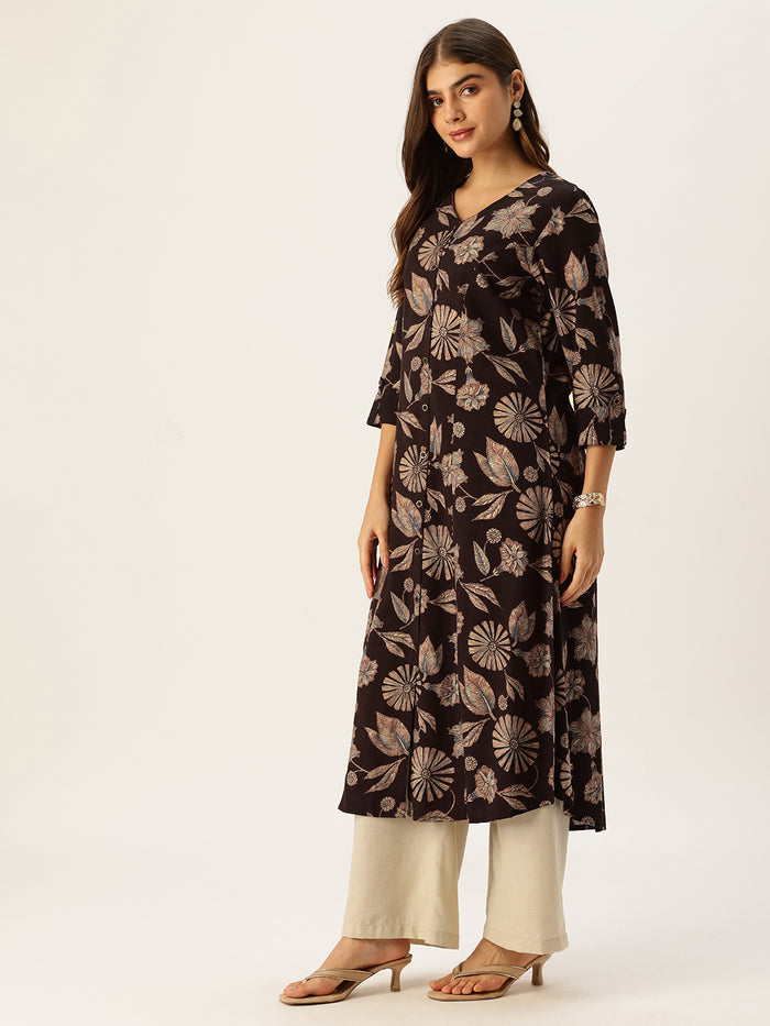 Wine & Beige V - Neck Floral Printed A - Line Kurta