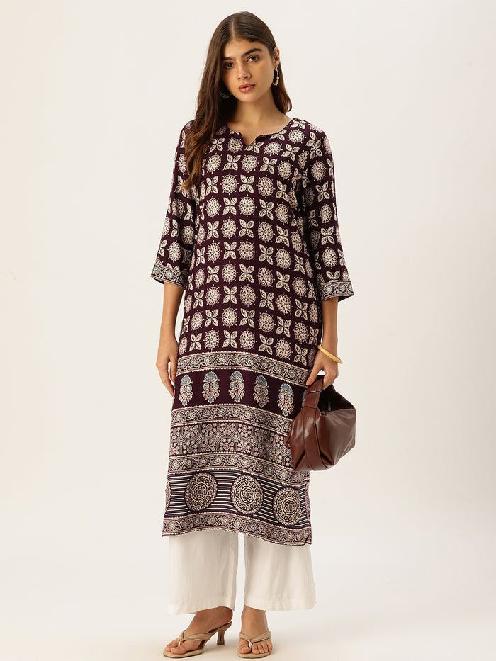 Wine Floral Printed Straight Kurta