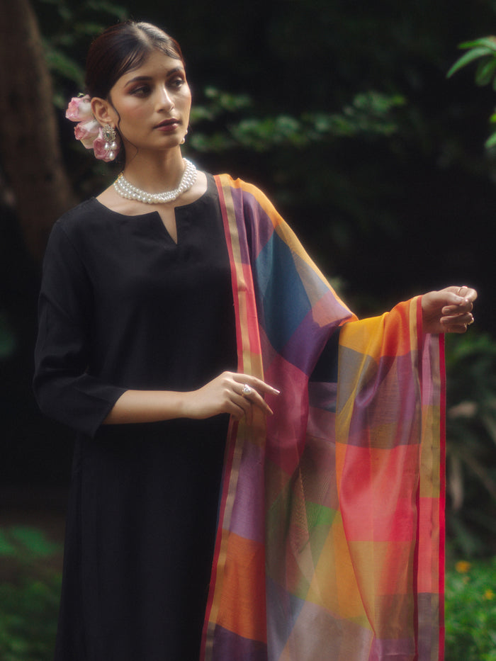 Women's Black Remi Silk Kurta Set with Organza Dupatta