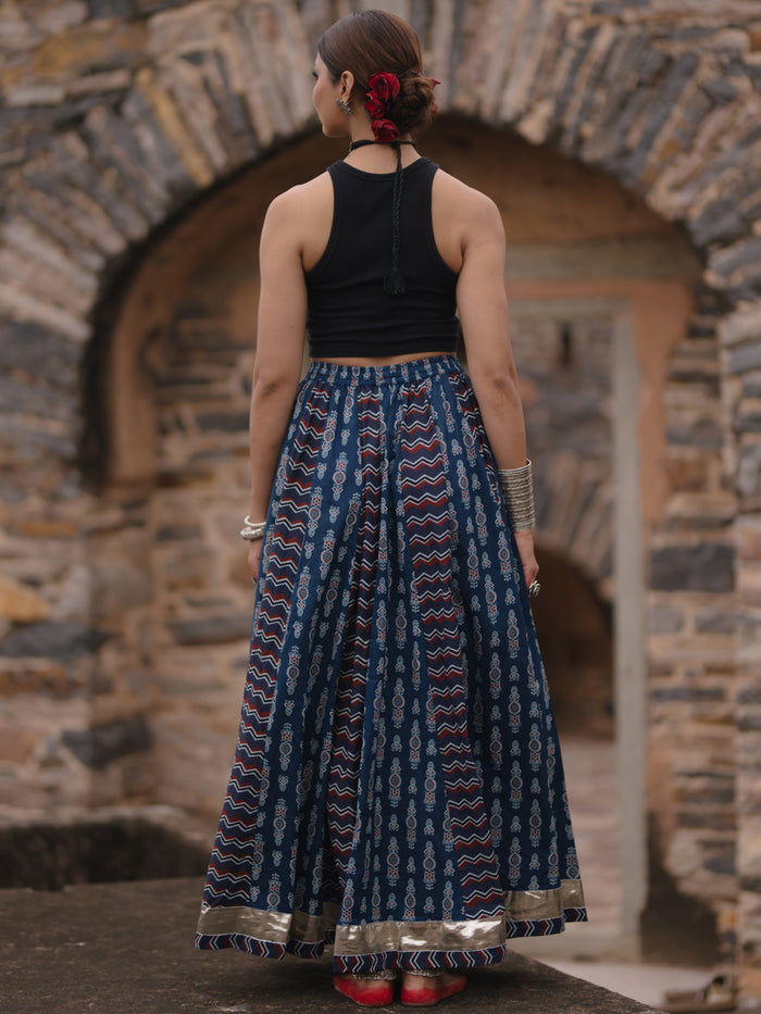 Women's Blue Dual Printed Flared Long Skirt