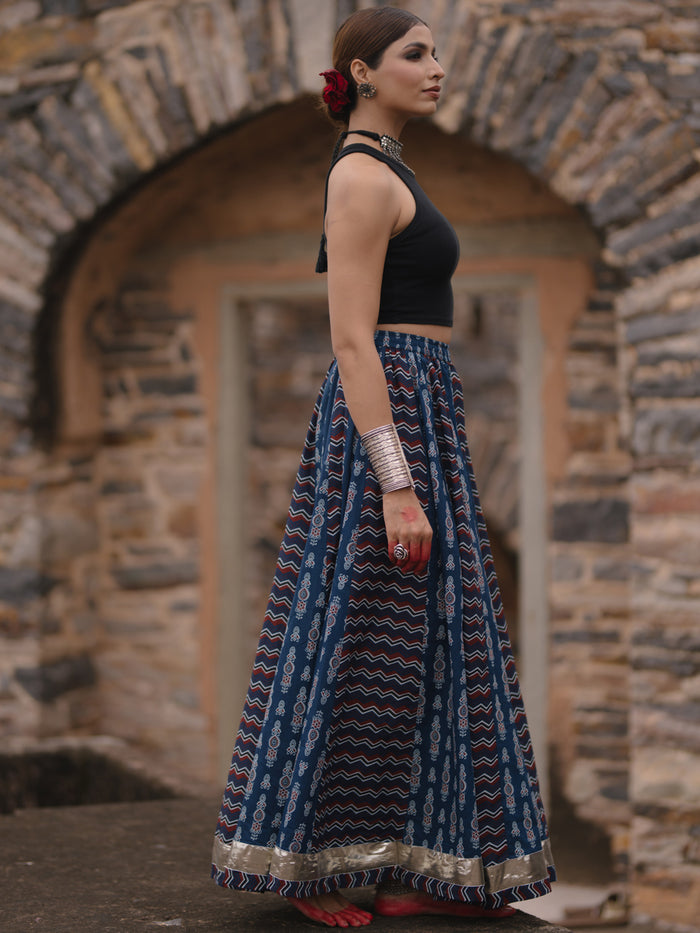 Women's Blue Dual Printed Flared Long Skirt