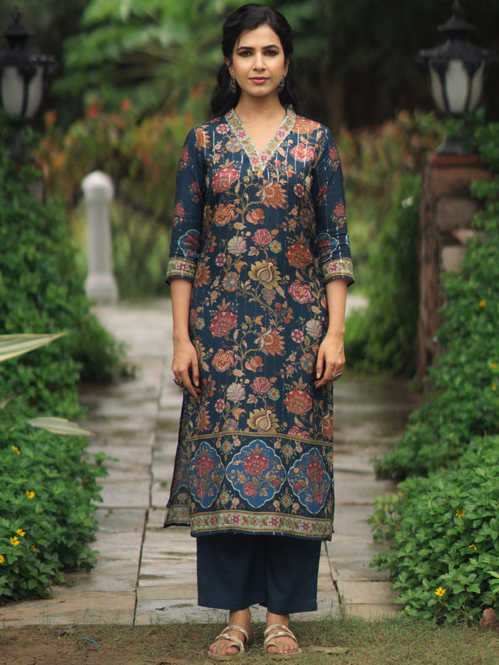 Women's Blue floral Sequined Straight Kurta Set