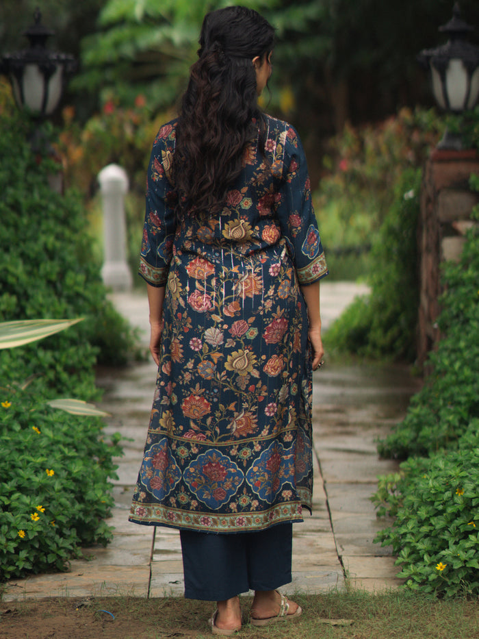 Women's Blue floral Sequined Straight Kurta Set