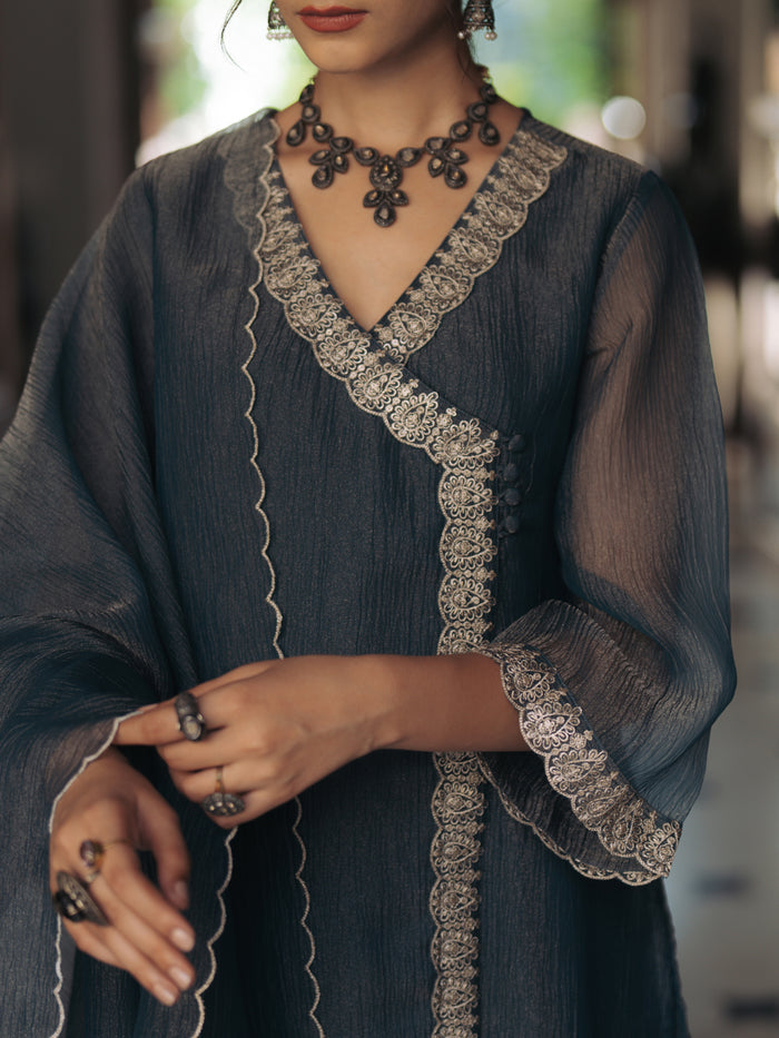 Women's Embroidered Angrakha Kurta Set with Dupatta