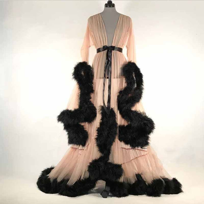 Womens Feather Tulle Robe Long Lingerie Maternity Dressing Gown Puffy Nightgown