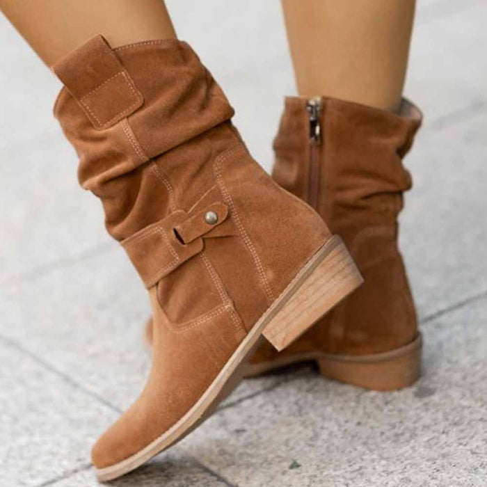 Stylish brown women's flat heel calf boots with slouch design and side zipper for easy wear