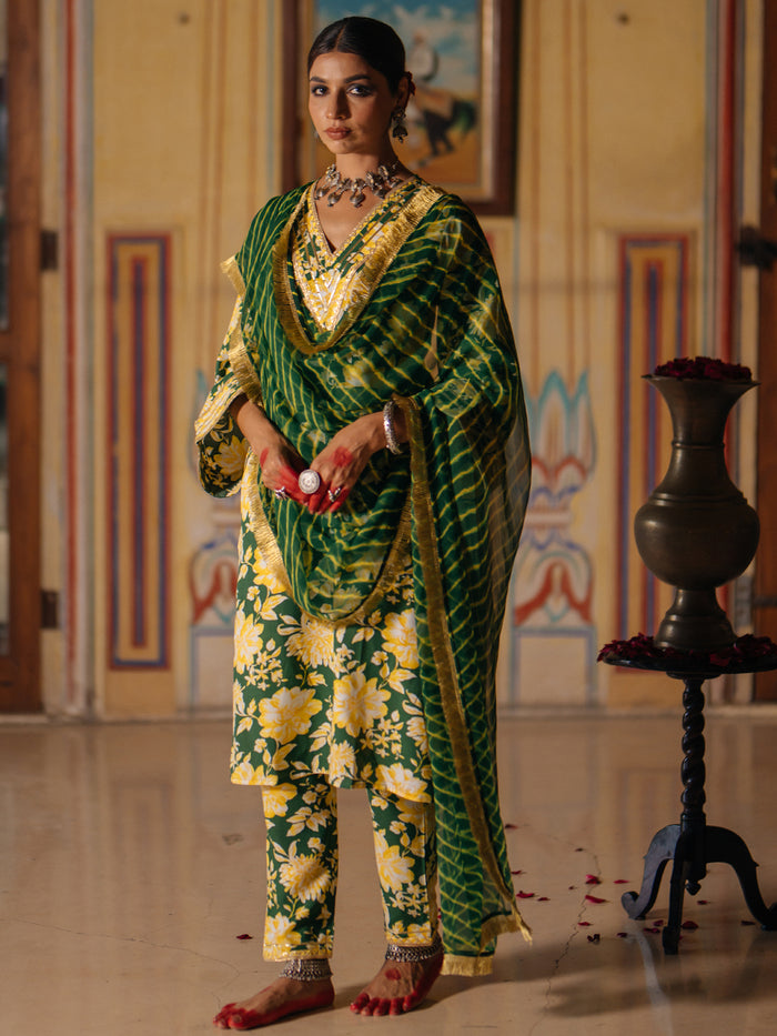 Women's Floral Kurta Set with Leheriya Dupatta