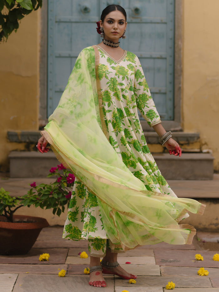 Women's Floral Tier Kurta Set with Tie Dye Dupatta