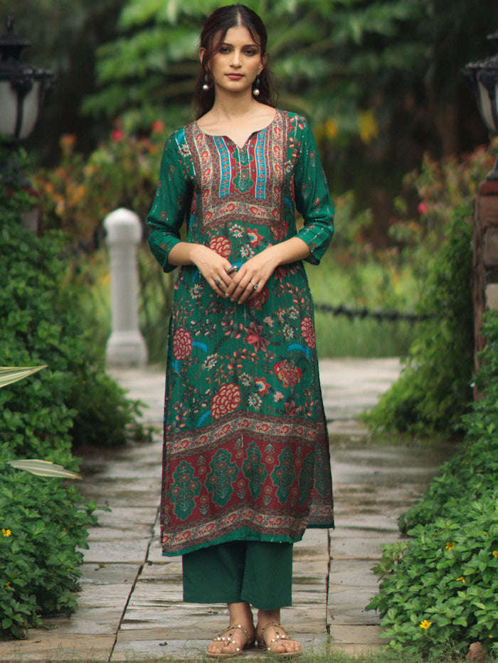 Women's Green floral Sequined Straight Kurta Set
