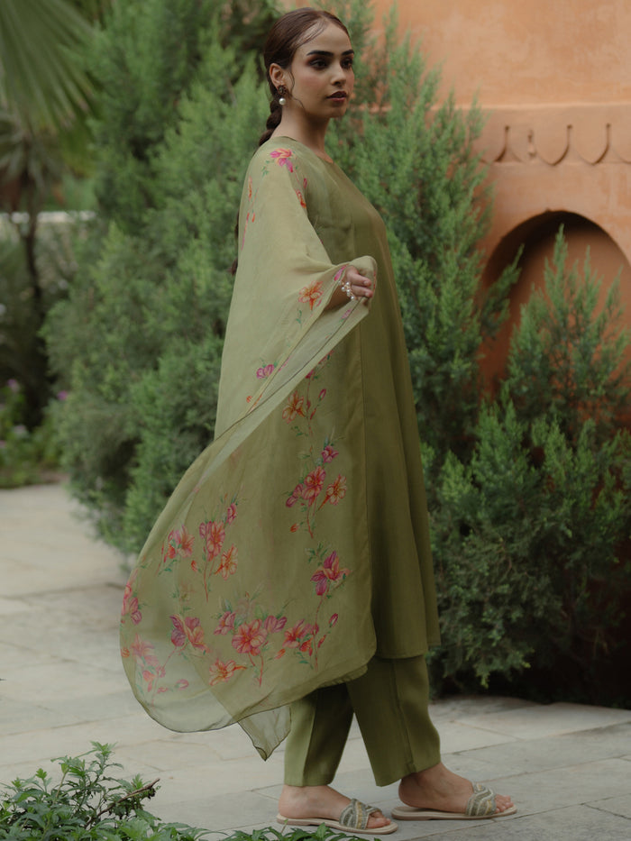 Women's Green Remi Silk Kurta Set with Organza Dupatta