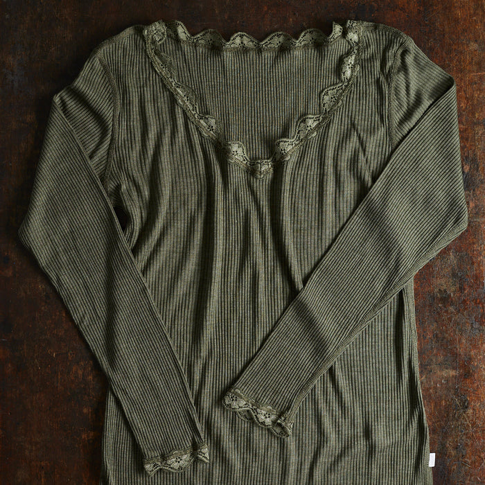 Women's Merino Wool/Silk Rib LS Lace Top - Jade