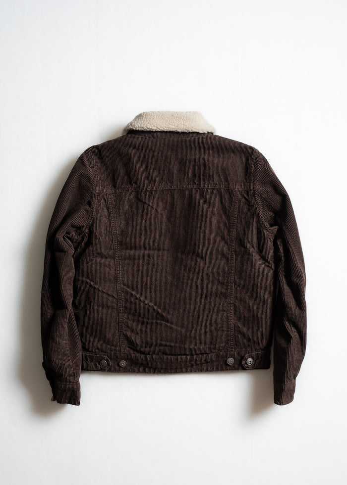 Brown corduroy jacket with a white sherpa collar, viewed from the back, against a plain white background.