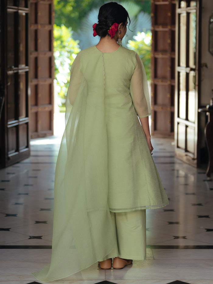 Women's Pista Green Embroidered A Line Kurta Set with Dupatta
