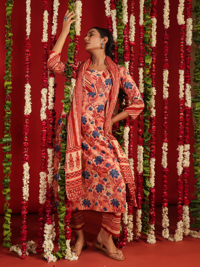 Women's Red Cotton Kurta Set with Printed Dupatta