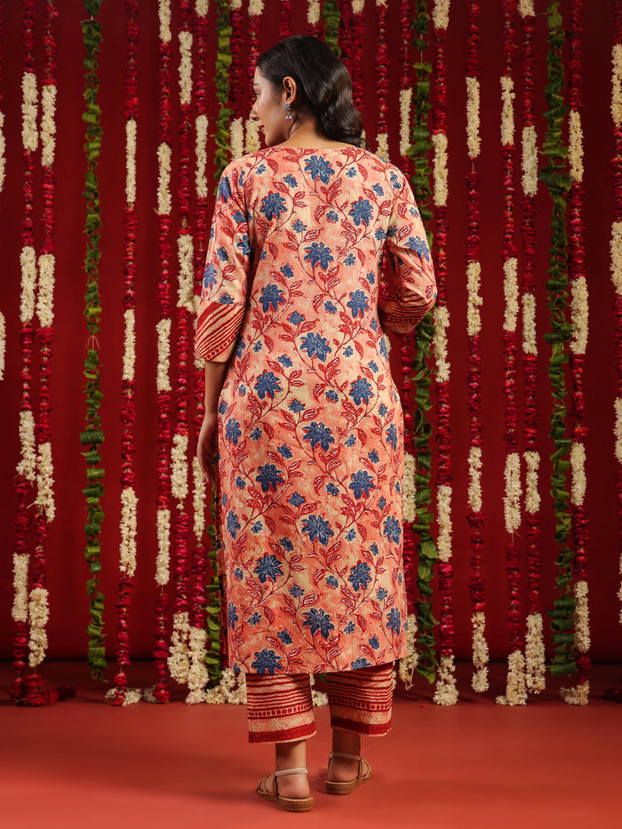 Women's Red Cotton Kurta Set with Printed Dupatta