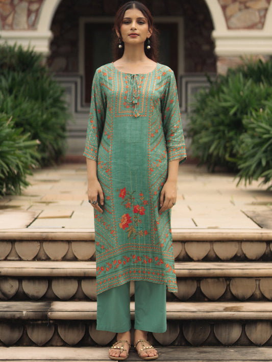 Women's Sea Green floral Sequined Straight Kurta Set