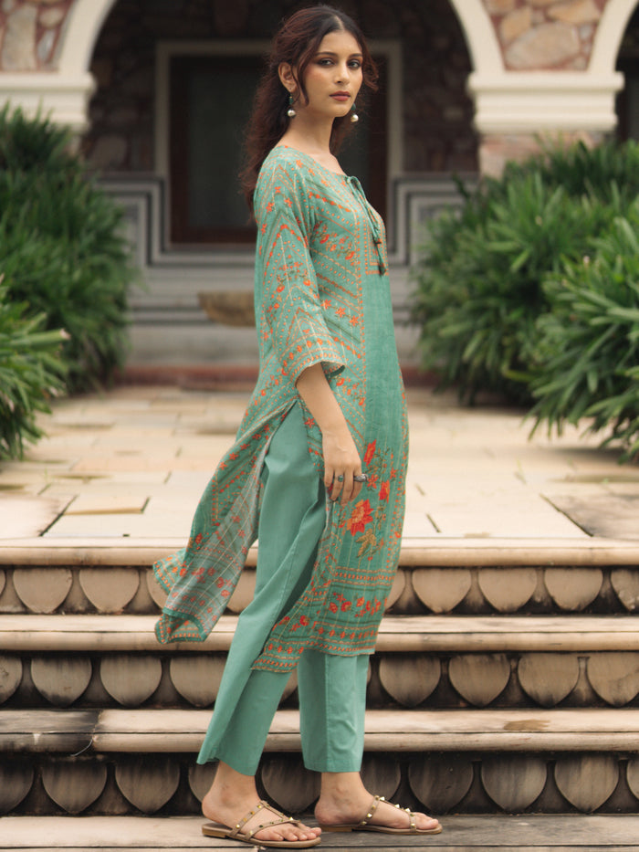 Women's Sea Green floral Sequined Straight Kurta Set