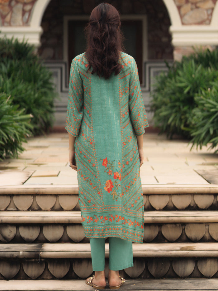 Women's Sea Green floral Sequined Straight Kurta Set